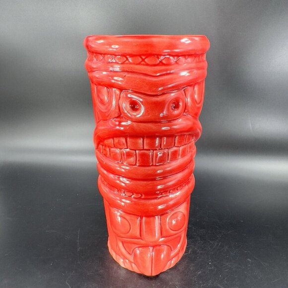 Large Ceramic Tiki God Vase Vessel Drinking Cup Red Glazed Porcelain Decor Vtg - Picture 13 of 15